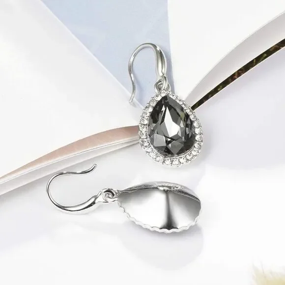 14K White Gold with Charcoal Gray Austrian Crystal Teardrop Halo Hook Earrings